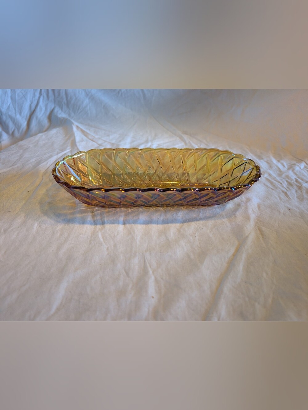Indiana Glass Iridescent Yellow and Purple Diamond-Pattern Dish